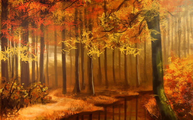 Autumn Forest Path — Orange, Serene, Digital Art, Trees, Foliage