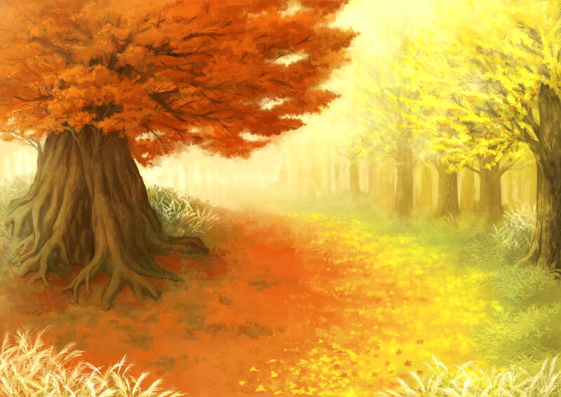 Autumn Forest Path — Orange, Serene, Digital Art, Trees