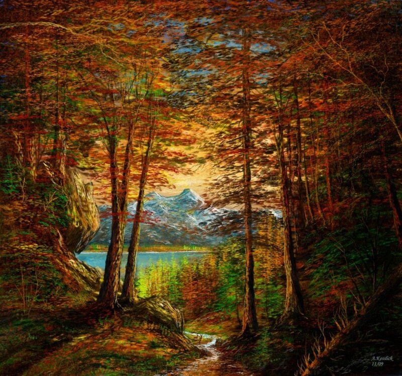 Autumn Forest Path — Orange, Serene, Painting, Mountains