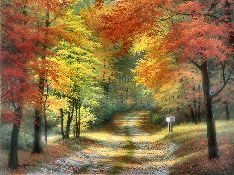 Autumn Forest Path — Orange, Serene, Painting