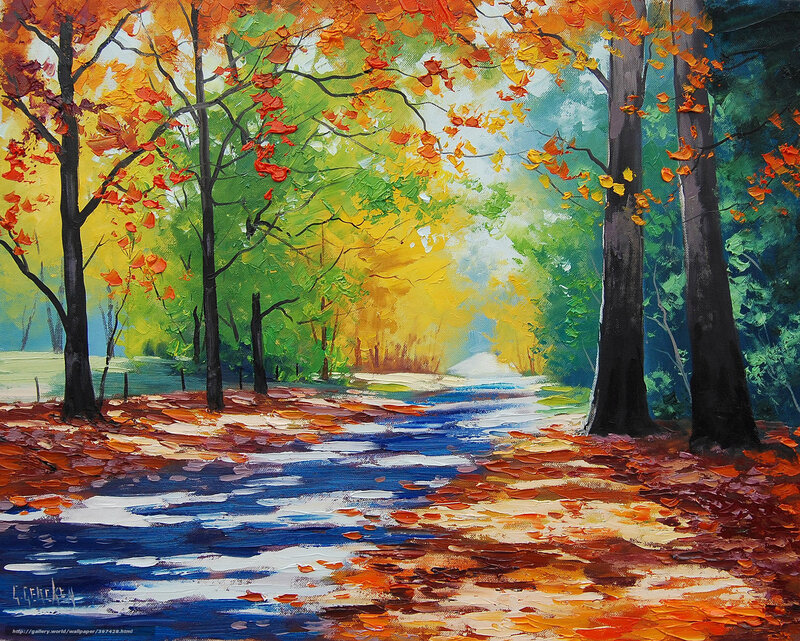 Autumn Forest Path — Orange, Serene, Painting, Trees, Fallen Leaves
