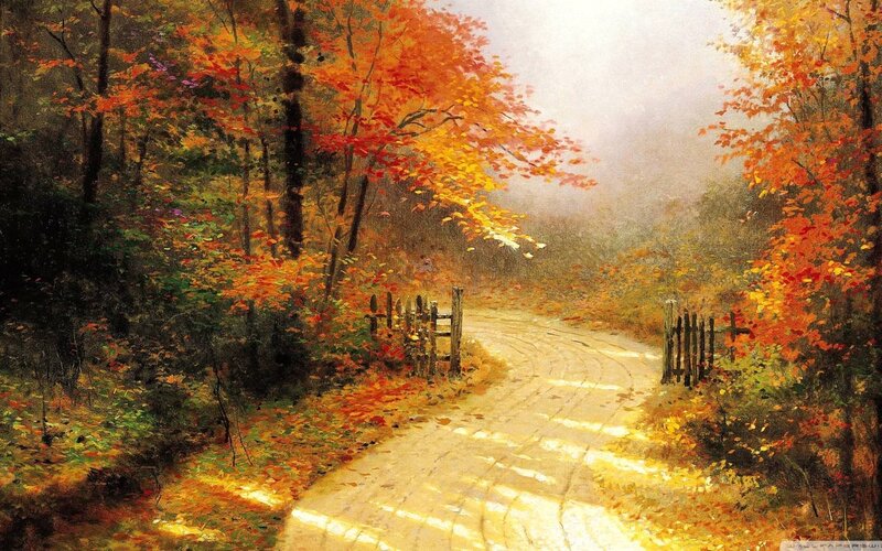 Autumn Forest Path — Orange, Serene, Painting, Trees, Fence
