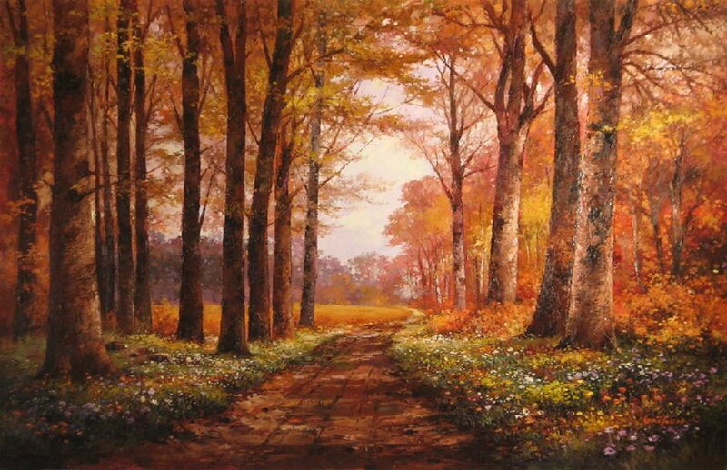 Autumn Forest Path — Orange, Serene, Painting, Trees, Flowers