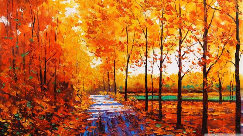 Autumn Forest Path — Orange, Serene, Painting, Trees, Leaves, River