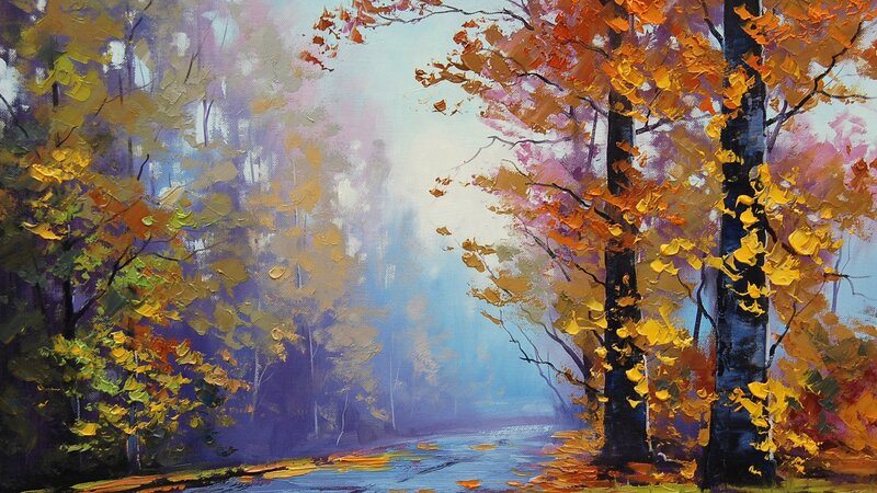 Autumn Forest Path — Orange, Serene, Painting, Trees, Leaves, Road