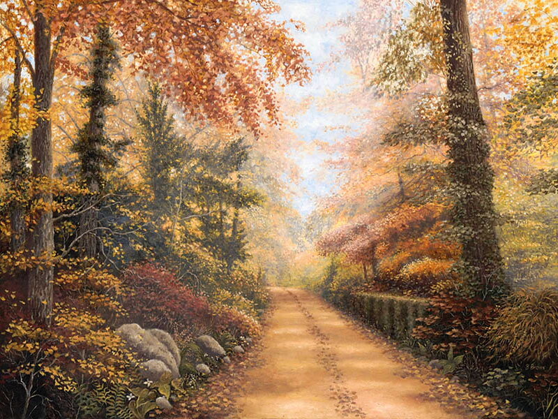 Autumn Forest Path — Orange, Serene, Painting, Trees, Leaves, Rocks