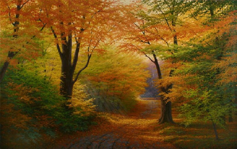 Autumn Forest Path — Orange, Serene, Painting, Trees, Leaves