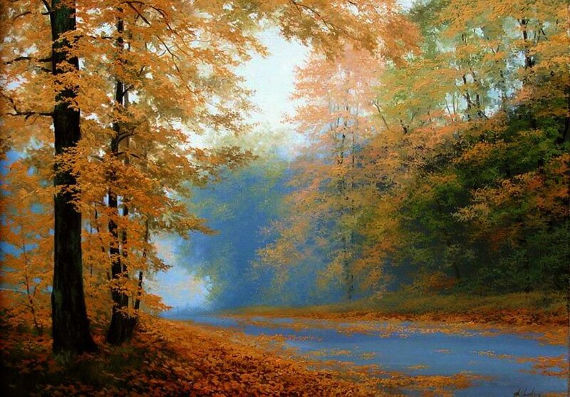 Autumn Forest Path — Orange, Serene, Painting, Trees, River