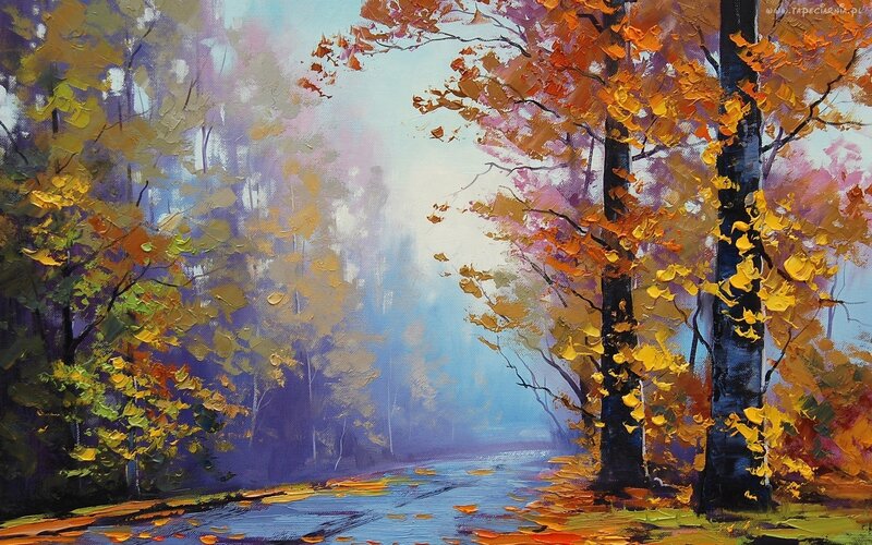 Autumn Forest Path — Orange, Serene, Painting, Trees, Road, Leaves
