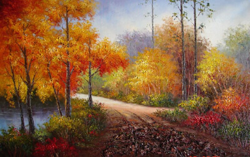Autumn Forest Path — Orange, Serene, Painting, Trees, Road