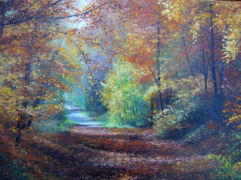 Autumn Forest Path — Orange, Serene, Painting, Trees, Stream