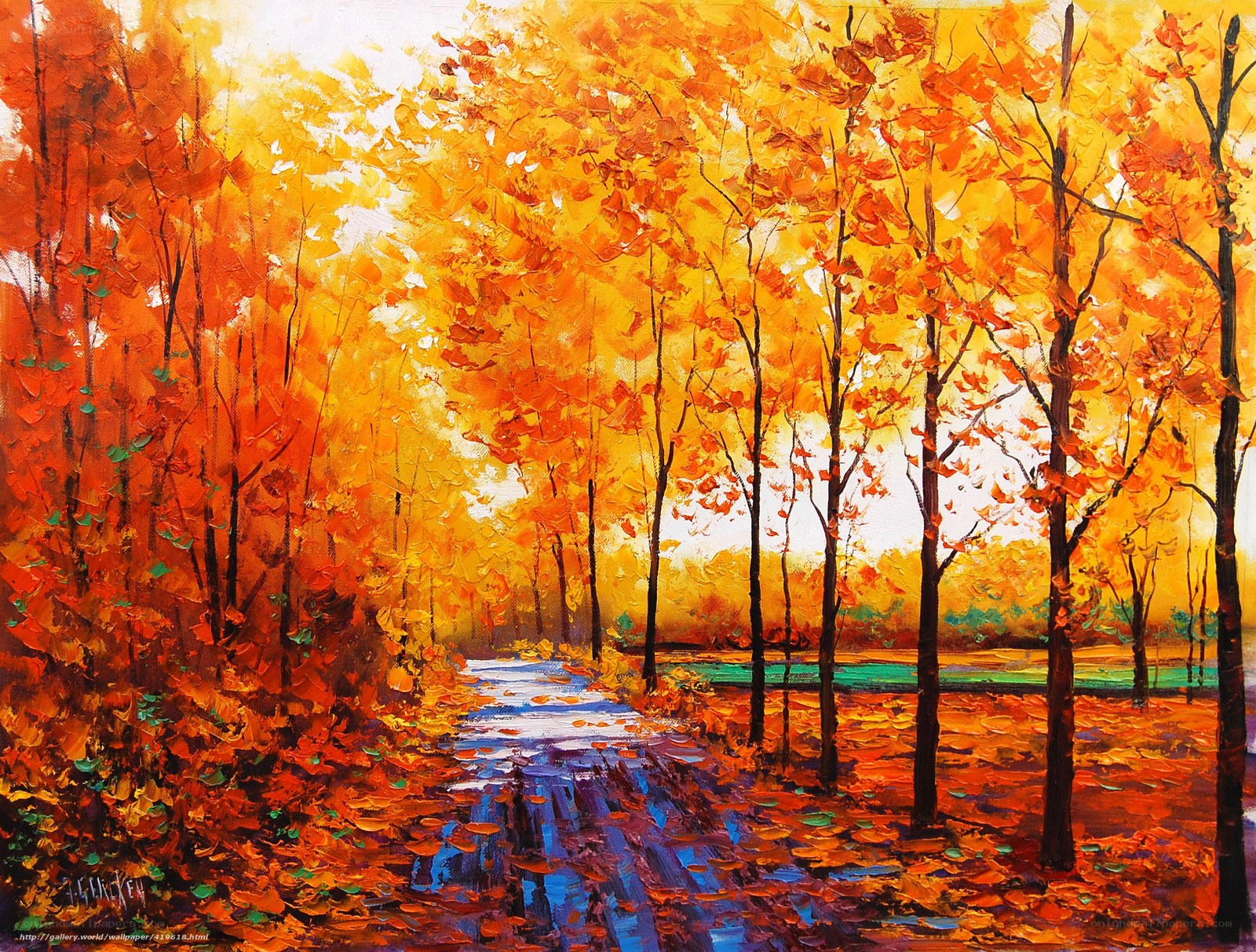 Autumn forest path painting