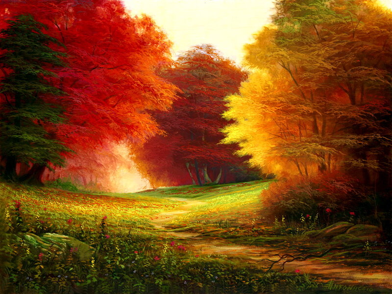 Autumn Forest Path — Red, Serene, Afternoon