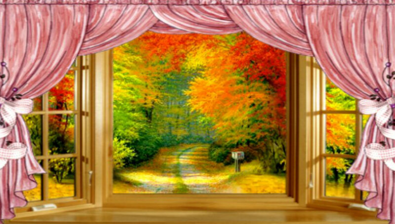 Autumn Forest Path — Red, Serene, Digital Art, Curtains
