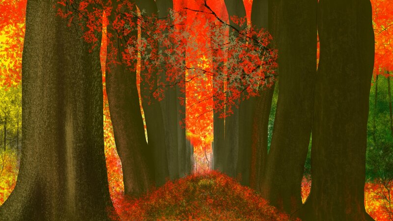 Autumn Forest Path — Red, Serene, Digital Art, Trees, Leaves