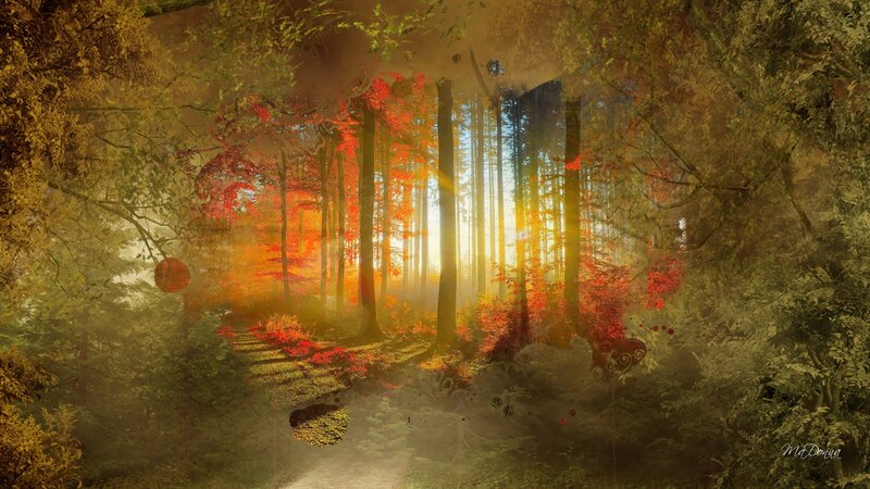 Autumn Forest Path — Red, Serene, Digital Art, Trees, Sunlight