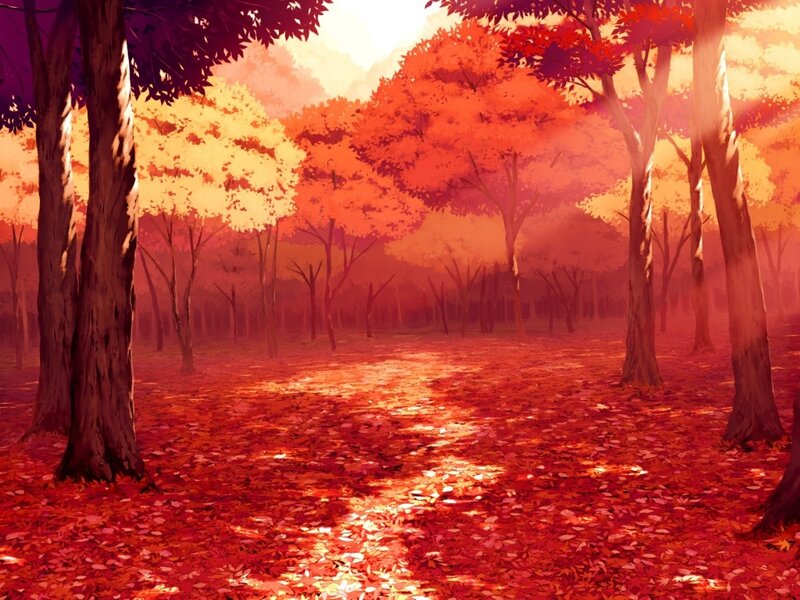 Autumn Forest Path — Red, Serene, Digital Art, Trees