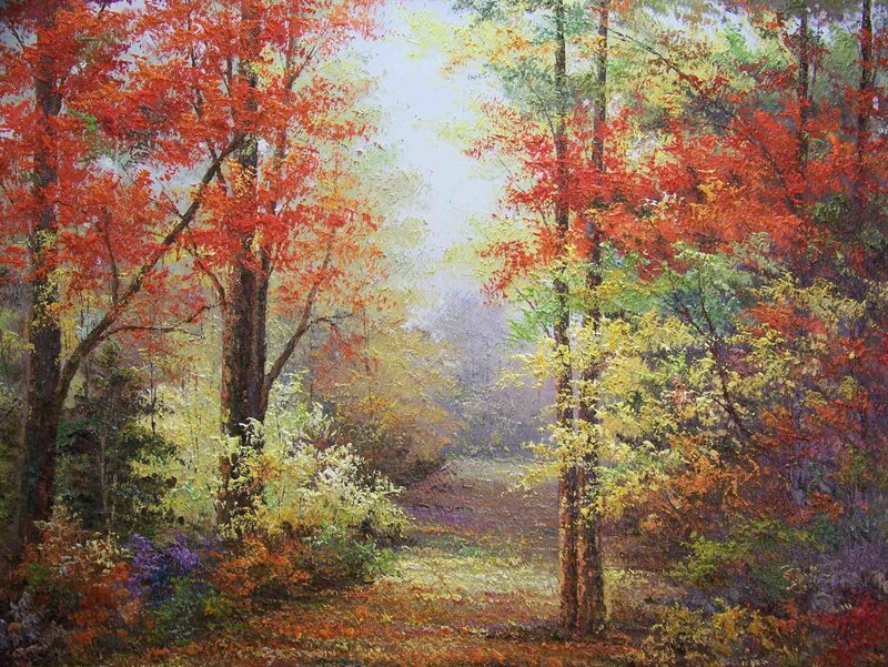 Autumn Forest Path — Red, Serene, Painting