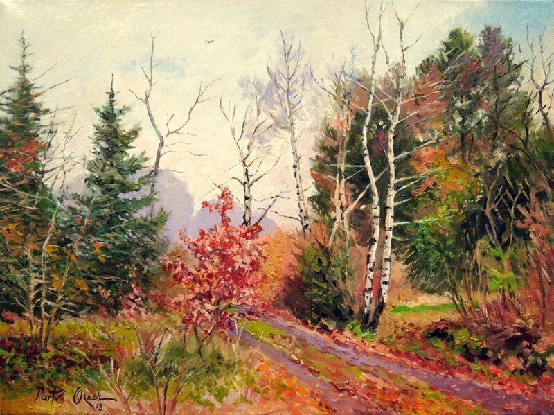 Autumn Forest Path — Red, Serene, Painting, Trees, Fall Foliage