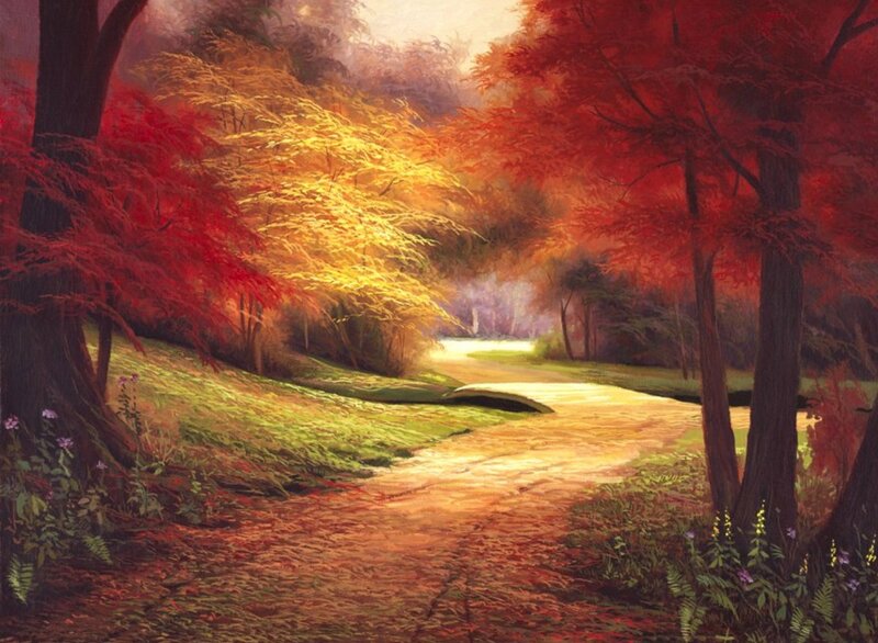 Autumn Forest Path — Red, Serene, Painting, Trees, Fallen Leaves