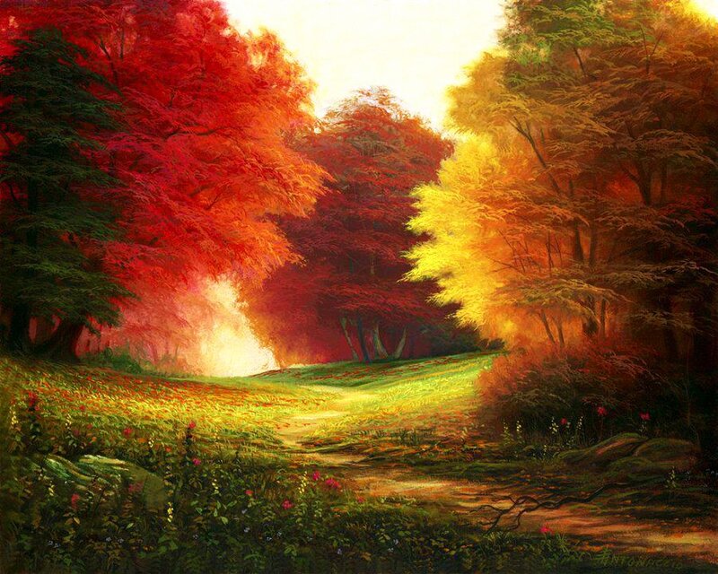 Autumn Forest Path — Red, Serene, Painting, Trees, Flowers