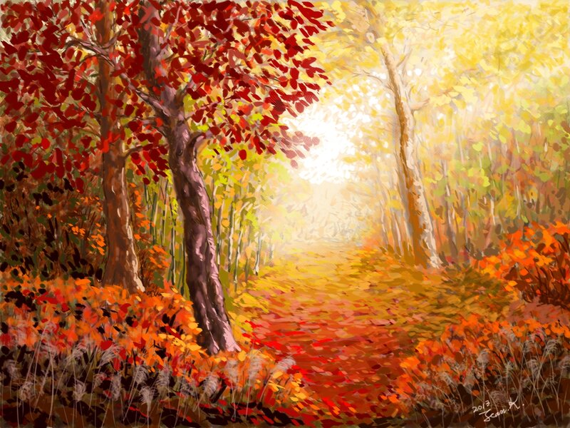 Autumn Forest Path — Red, Serene, Painting, Trees, Leaves, Sunlight