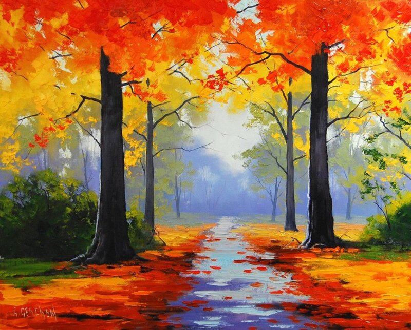 Autumn Forest Path — Red, Serene, Painting, Trees, Leaves