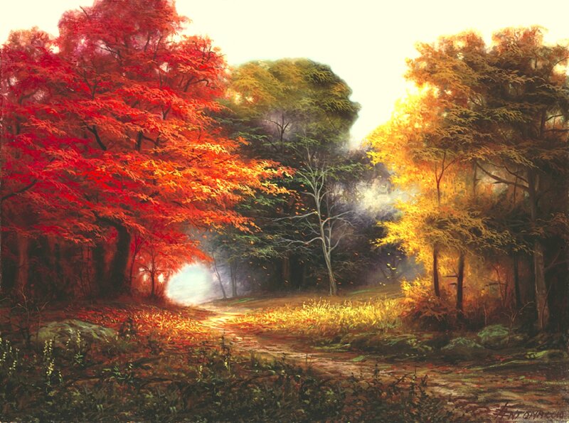 Autumn Forest Path — Red, Serene, Painting, Trees, Light