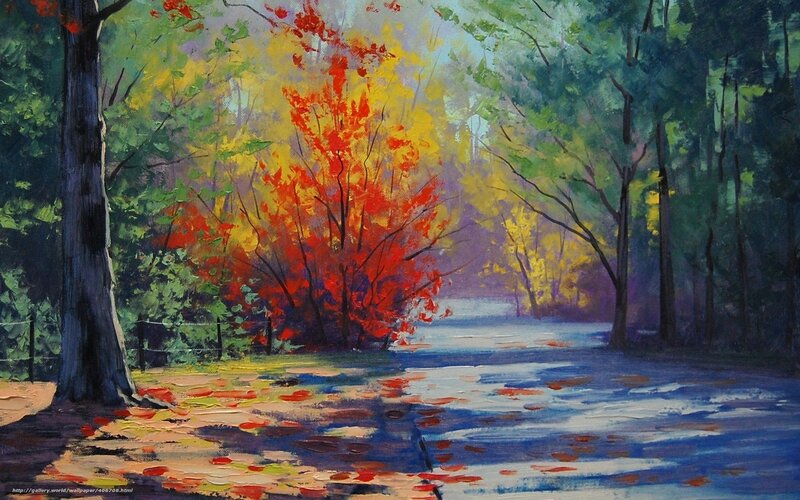 Autumn Forest Path — Red, Serene, Painting, Trees, River