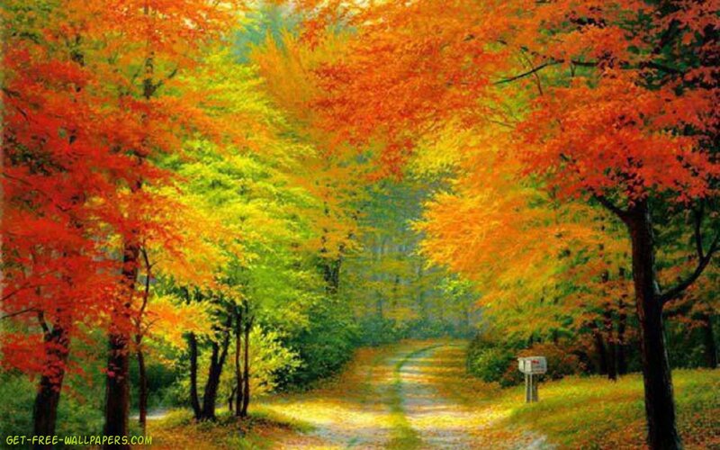 Autumn Forest Path — Red, Serene, Painting, Trees, Road