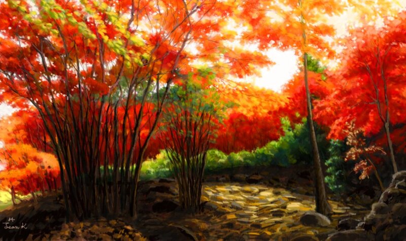 Autumn Forest Path — Red, Serene, Painting, Trees, Rocks