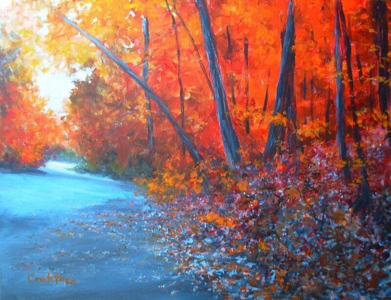 Autumn Forest Path — Red, Serene, Painting, Trees