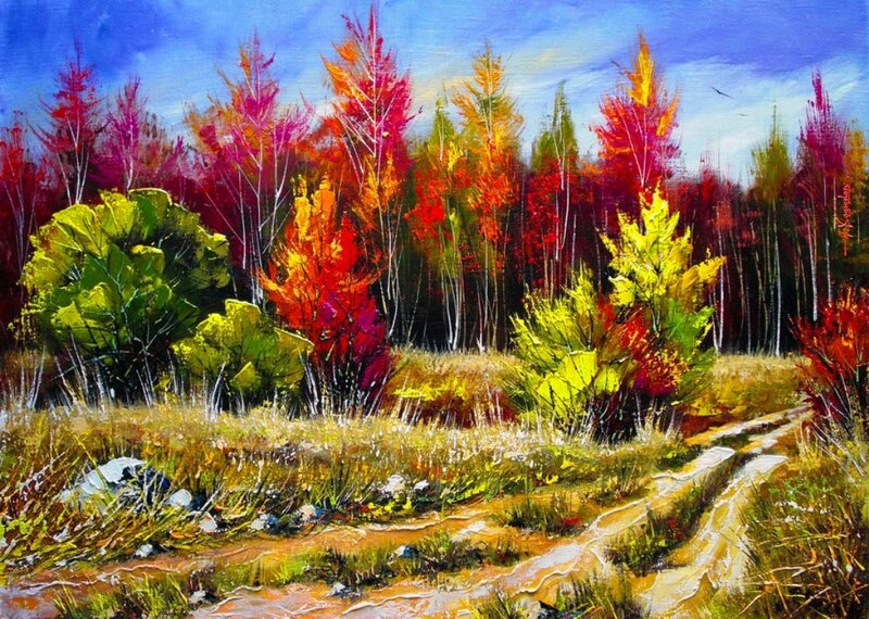 Autumn Forest Path — Red, Vibrant, Painting