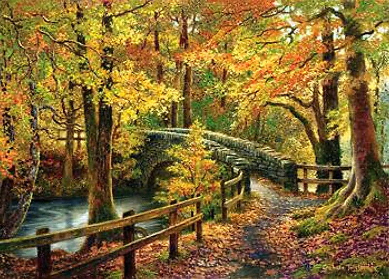 Autumn forest path with stone bridge