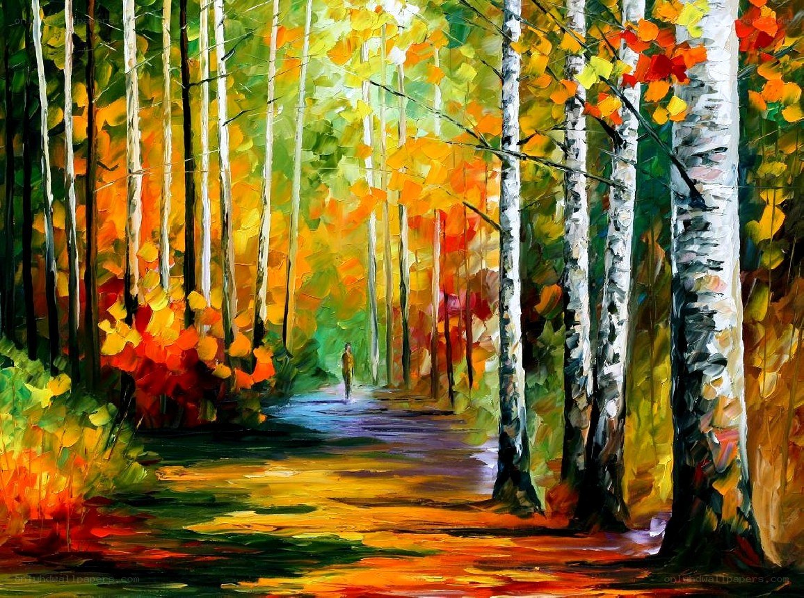Autumn forest path with walker