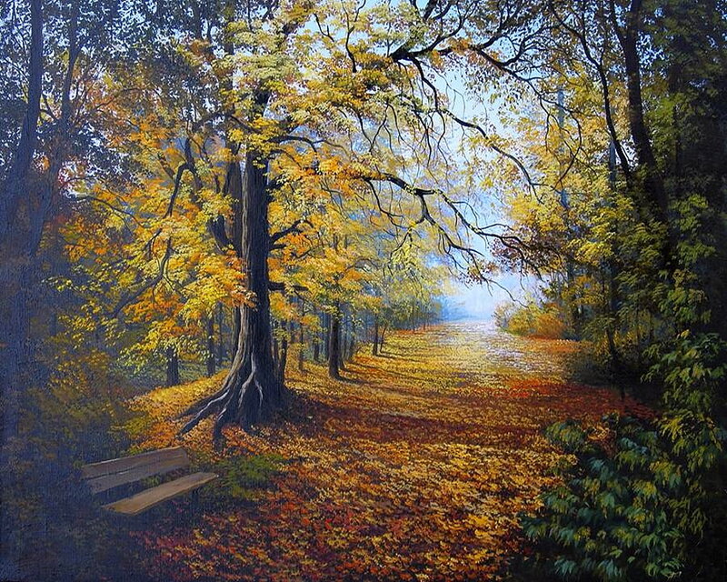 Autumn Forest Path — Yellow, Serene, Painting, Bench