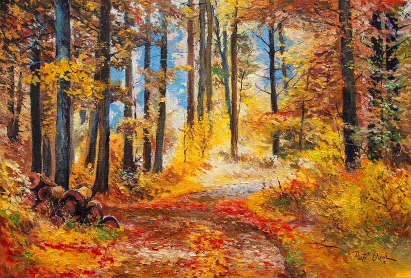 Autumn Forest Path — Yellow, Serene, Painting, Trees, Fallen Leaves, Logs
