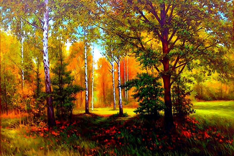 Autumn Forest Path — Yellow, Serene, Painting, Trees, Fallen Leaves