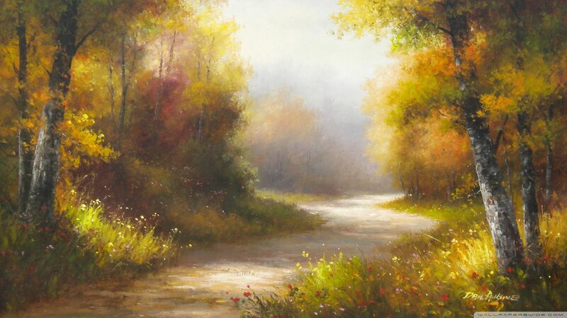 Autumn Forest Path — Yellow, Serene, Painting, Trees, Flowers, Fog