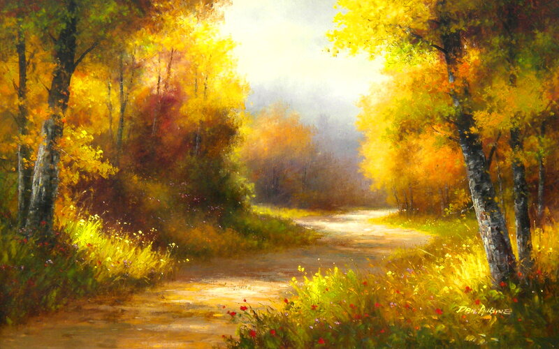 Autumn Forest Path — Yellow, Serene, Painting, Trees, Flowers, Sunlight