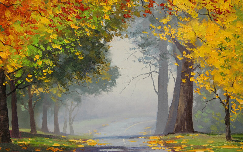 Autumn Forest Path — Yellow, Serene, Painting, Trees, Fog