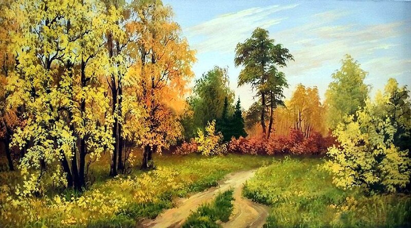 Autumn Forest Path — Yellow, Serene, Painting, Trees, Grass