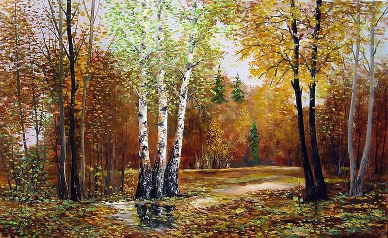 Autumn Forest Path — Yellow, Serene, Painting, Trees, Leaves, Birch