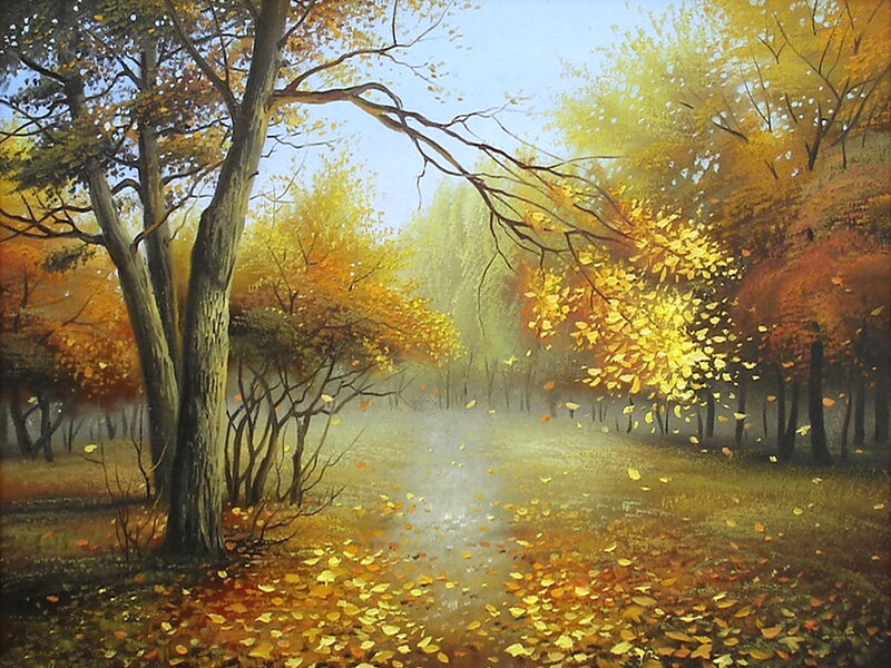 Autumn Forest Path — Yellow, Serene, Painting, Trees, Leaves, Fog