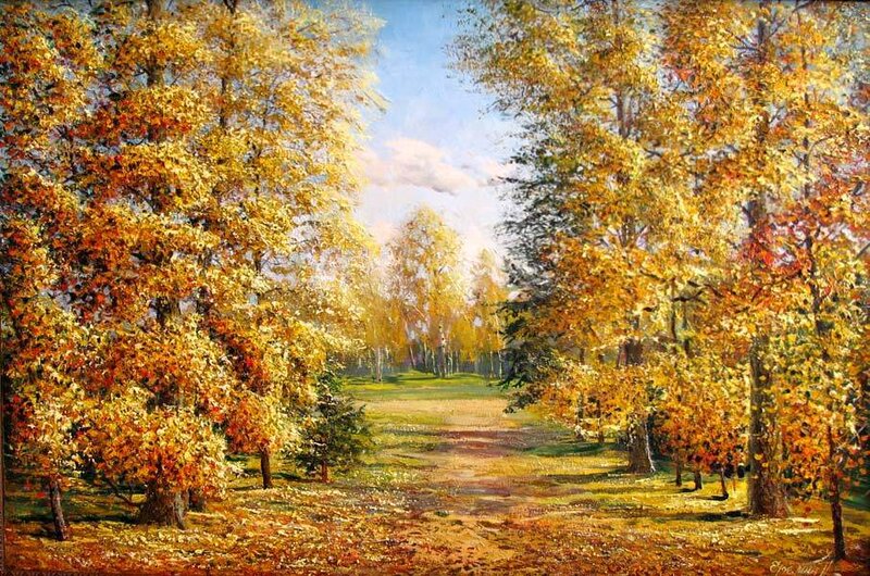 Autumn Forest Path — Yellow, Serene, Painting, Trees, Sky