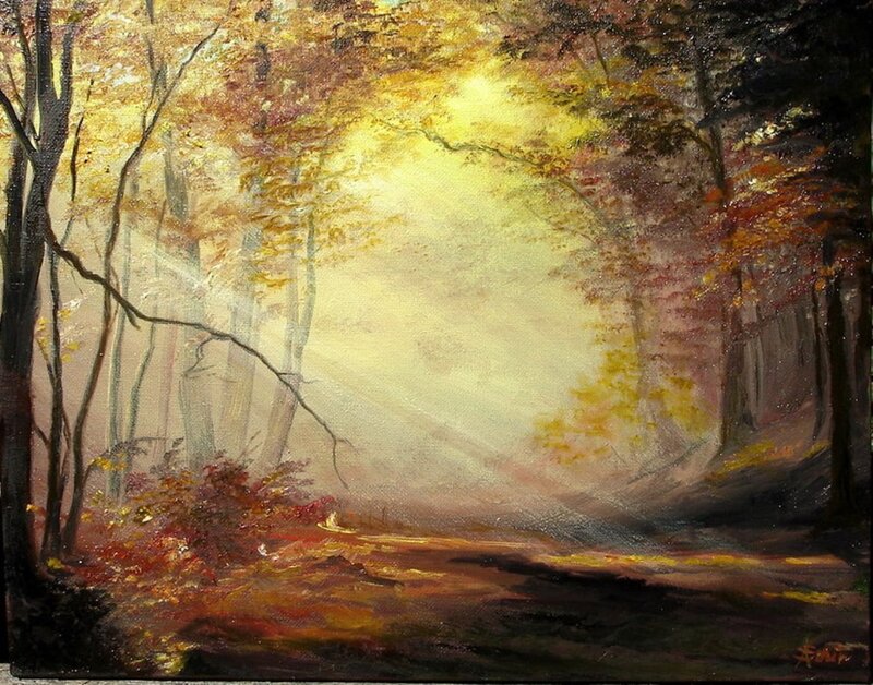 Autumn Forest Path — Yellow, Serene, Painting, Trees, Sunlight