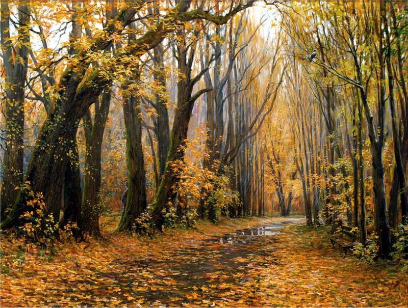 Autumn Forest Path — Yellow, Serene, Painting, Trees