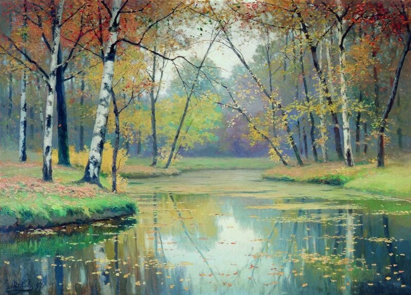 Autumn Forest Pond — Green, Serene, Painting, Trees, River