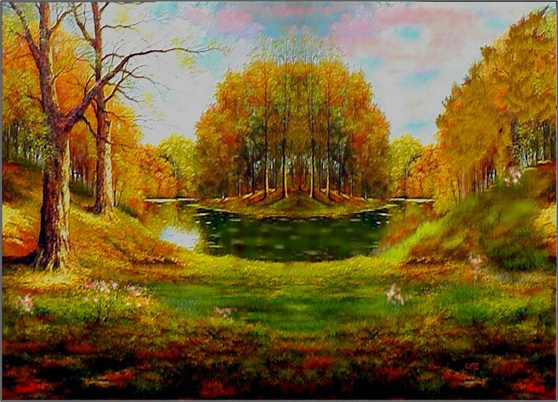 Autumn Forest Pond — Green, Serene, Painting, Trees