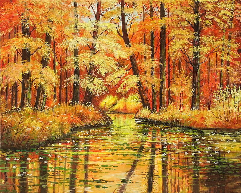 Autumn Forest Pond — Orange, Serene, Painting